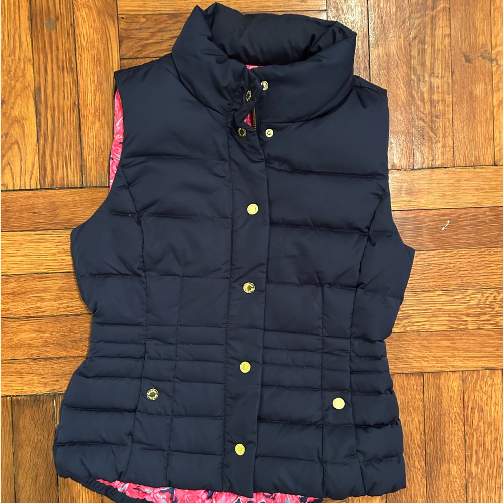 Lilly Pulitzer Navy Down Filled Puffer Vest Gold Accent EUC Medium
